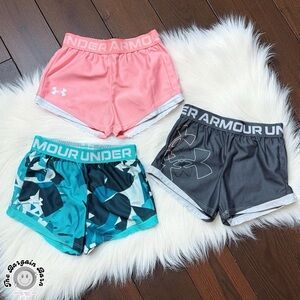 Under Armour Girls Size 4 Athletic Shorts Bundle (3 Pairs) – Pink Teal Camo Gray